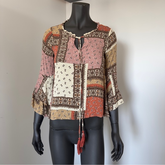 Mystree Boho Patchwork Tassel Tie Blouse – Size Small – 100% Rayon - Picture 1 of 7